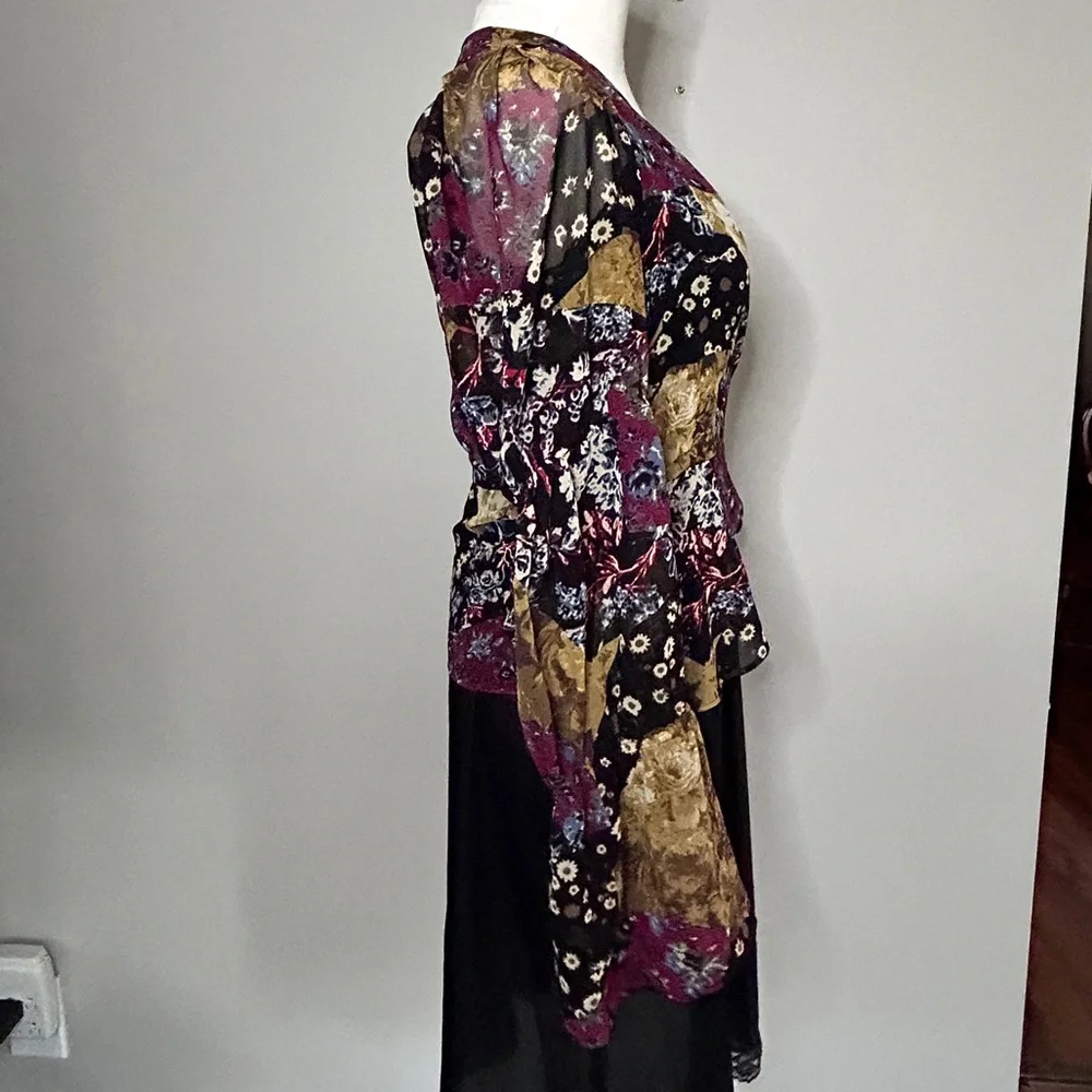 BCBGENERATION Sheer Patchwork Floral Bell Sleeve Wrap Top Whimsigoth Boho | Sz S - Picture 9 of 13